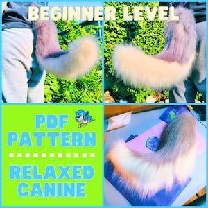 May include: A fluffy, curved faux fur tail in shades of lavender, cream, and white. The tail has a gradient effect and is shown in multiple views. The image also includes the text "BEGINNER LEVEL", "PDF PATTERN", and "RELAXED CANINE".