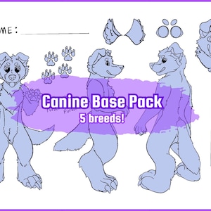 May include: A digital illustration of a Canine Base Pack with five breeds. The image features line art of canine characters in various poses, along with paw prints, ears, and eyes. The text "Canine Base Pack" and "5 breeds!" are visible.
