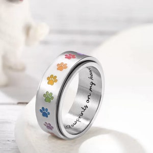 Personalized Rainbow Paw Print Spinner Ring, Stainless Steel Pet Memorial Ring, Fidget Ring for Anti Anxiety/Stress, Gift for Pet Dog Lovers