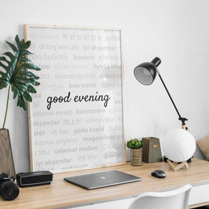 Good Evening World | Minimalist typography - Neutral color - Wall decor - Travel - International - Multilingual - Digital - Printable