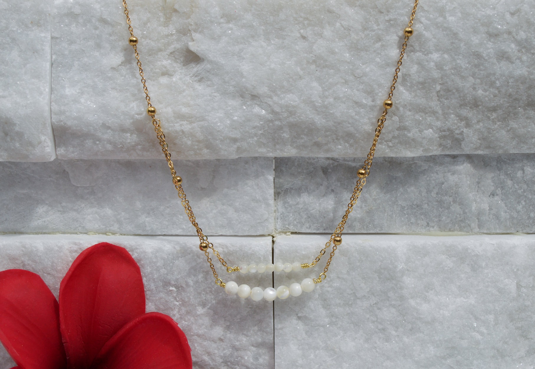 Mother of Pearl Dainty 3mm and 4mm Beads Bar Pendant & Chain