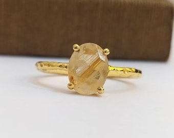 Unique Golden Rutile Quartz Solitaire Ring-Rutilated Vintage Statement Ring-Gold Rutilated Big Cocktail Ring-925 Sterling Silver Jewelry.