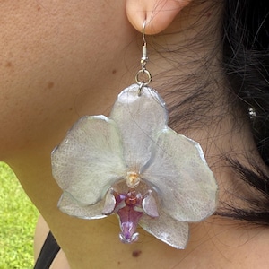 Real White Orchid Resin Earrings: Handmade Botanical Jewelry