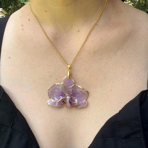 Real Purple Orchid Necklace: Gold Edged Resin Pendant, Gold Chain tone stainless steel