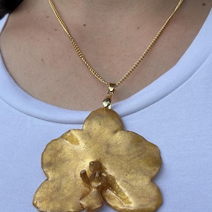 Real Orchid Resin Pendant Necklace: Gold Stainless Steel Chain