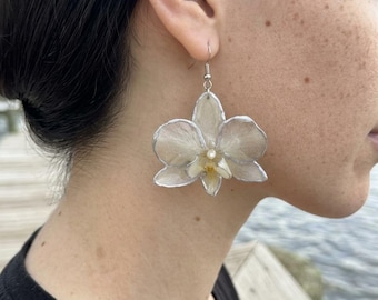 Real Orchid Earrings, Preserved Phalaenopsis Resin Dangle Drops, 18k Gold Plated Hooks, Boho Botanical Jewelry, Valentine Gift for Her