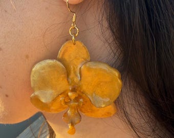 Real Orchid Resin Earrings | Gold Flake Dangle Drop | Preserved Flower Botanical Jewelry | Handmade Floral Nature Gift for Her