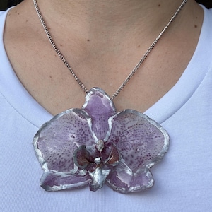 Real Purple Orchid Necklace – 18” Adjustable, Crystal Resin with Silver edges