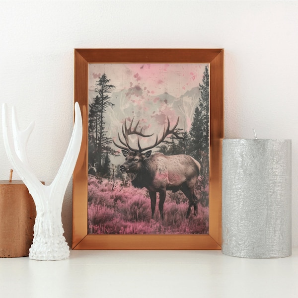 Mountain Elk in the Forest  Landscape Painting Download-Cool Toned Vintage Rustic Art-Print at Home Poster -Printable Instant Downloadable