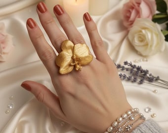 Real Orchid Resin Ring | Adjustable Gold Tone Stainless Steel Band | Preserved Flower Botanical Jewelry | Floral Statement Gift for Her