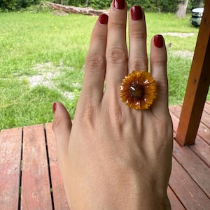 Adjustable Resin Ring with Real Yellow Flower: Handmade Botanical Jewelry