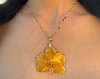 Real Orchid Resin Necklace | Gold Stainless Steel Chain | Preserved Flower Pendant | Botanical Bridal Jewelry | Nature Lover Gift for Her