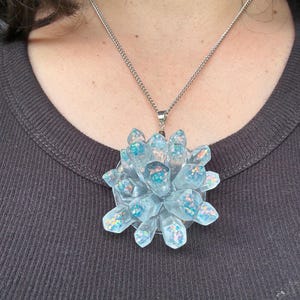Handmade Crystal Cluster Resin Necklace – Iridescent Blue – 18” Stainless Steel Chain – Unique Statement Pendant
