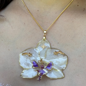 Real White Orchid Necklace: Gold Edged Resin Flower, 18&quot; Gold Chain