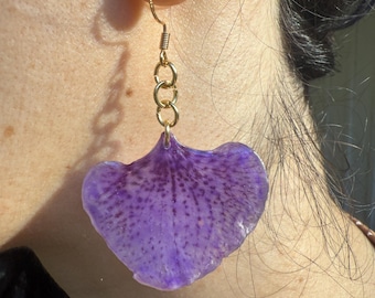 Real Orchid Petal Earrings | Preserved Flower Resin Dangle | 18k Gold Plated Hooks | Botanical Nature Jewelry | Unique Gift for Her