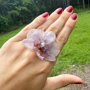 Adjustable Ring with Real Orchid -Colored Stainless Steel & Floral Resin Jewelry