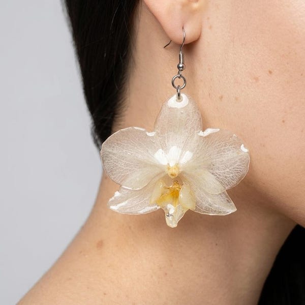 Real White Orchid Earrings | Preserved Flower Resin Dangle Drops | Stainless Steel Hooks | Botanical Bridal Jewelry | Wedding Gift