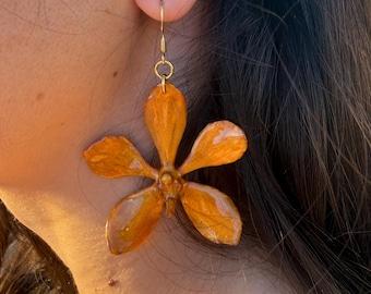 Real Orchid Petal Earrings | 18k Gold Plated Dangle Hooks | Preserved Flower Botanical Resin Jewelry | Floral Nature Gift for Her