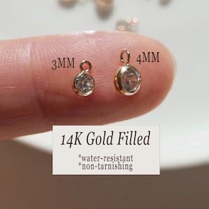 2 Stk CZ Stein Lünette Drop Charm, 3mm 4mm Zirkonia Charms, Gold gefüllter CZ Diamant Charm, CZ Diamant Runde Lünette Anhänger Charm