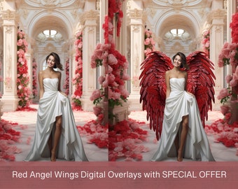 7 superpositions numériques d’ailes d’ange rouge, superpositions de décors de maternité, accessoire de photographie de studio, composite Photoshop, textures d’art