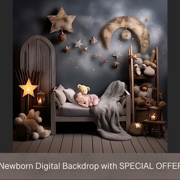 Rustic Nursery Room with Moon & Stars, Digital Backdrop Newborn, Baby Photography Background, Digital Prop, Photoshop Composite, Teddy Bear