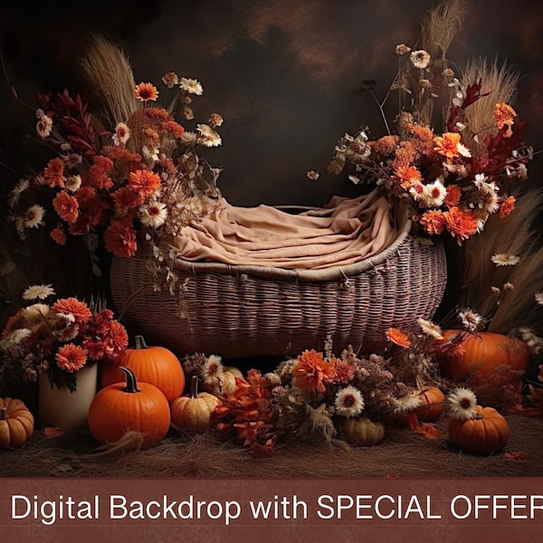Autumn Digital Backdrop Newborn, Halloween Themed Background for Baby Photography, Moses Basket Decorated with Pumpkins and Fall Flowers