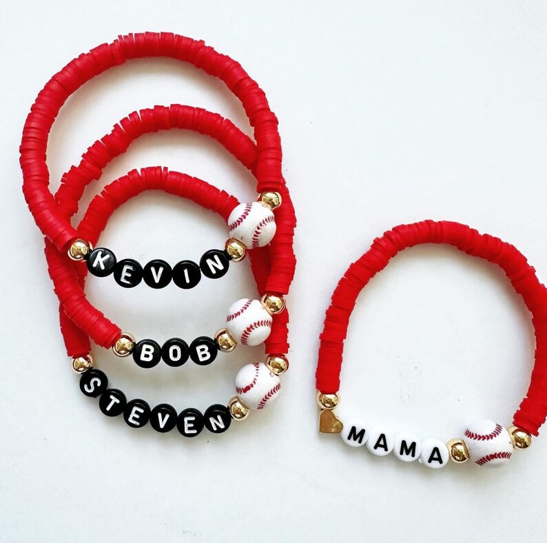 Heishi Braccialetto Donna Con Perline Baseball Rosso E Bianco – Impilabile Regolabile