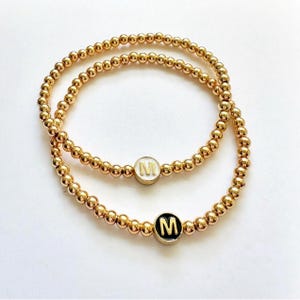 Enamel Initial Bracelets, stackable bracelet, beaded, stretch, stackable, letter, gold charm letter, gold plated bead bracelet, black charm