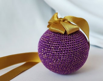 Handmade crochet Christmas ball, Unique Christmas tree deco, Purple Christmas bauble, Golden shine yarn, Christmas deco, Xmas ornament