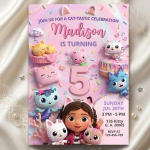 Gabby’s Dollhouse Birthday Invitation Template, Editable Watercolor Gabby's Kids Birthday Invite, Pastel Kitty Theme Party, Instant Download