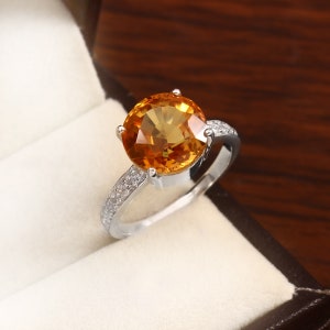 Orange Sapphire Solitaire And Diamond Ring, Orange Sapphire, Silver Ring, Engagement Wedding Band, Bridal Wedding Ring, 925 Silver Jewelry|