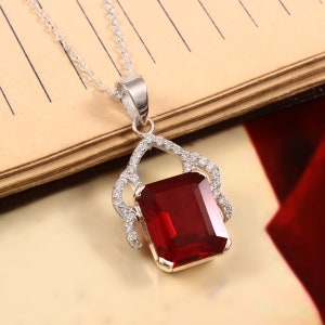 Art Deco Ruby Corundum Pendant, 925 Sterling Silver Necklace, July Birthstone