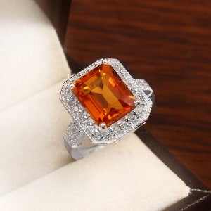 Orange Sapphire Solitaire And Diamond Ring| Orange Sapphire Silver Ring| Engagement Wedding Ring| Bridal Wedding Band| Luxury Design Jewelry