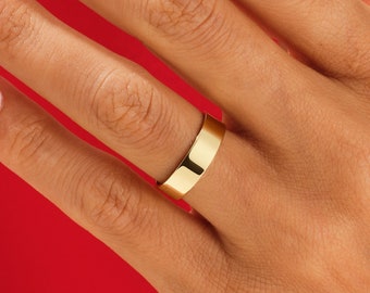 Alianza de boda de oro amarillo macizo de 5 mm, plana pulida de 10 k / 14 k / 18 k para hombres y mujeres, anillo de boda de ajuste cómodo con grabado gratuito