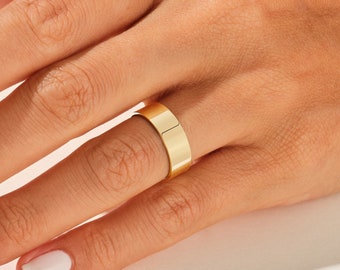 Alianza de boda de oro amarillo macizo de 6 mm, plana pulida de 10 k / 14 k / 18 k para hombres y mujeres, anillo de boda de ajuste cómodo con grabado gratuito