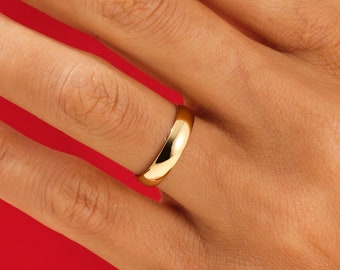 Alianza de boda de oro amarillo macizo de 10 k / 14 k / 18 k con cúpula pulida de 4 mm para hombres y mujeres / Anillo de bodas de ajuste cómodo con grabado gratuito