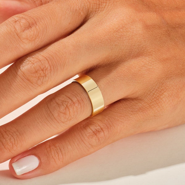 Alianza de boda de oro amarillo macizo de 6 mm, plana pulida de 10 k / 14 k / 18 k para hombres y mujeres, anillo de boda de ajuste cómodo con grabado gratuito