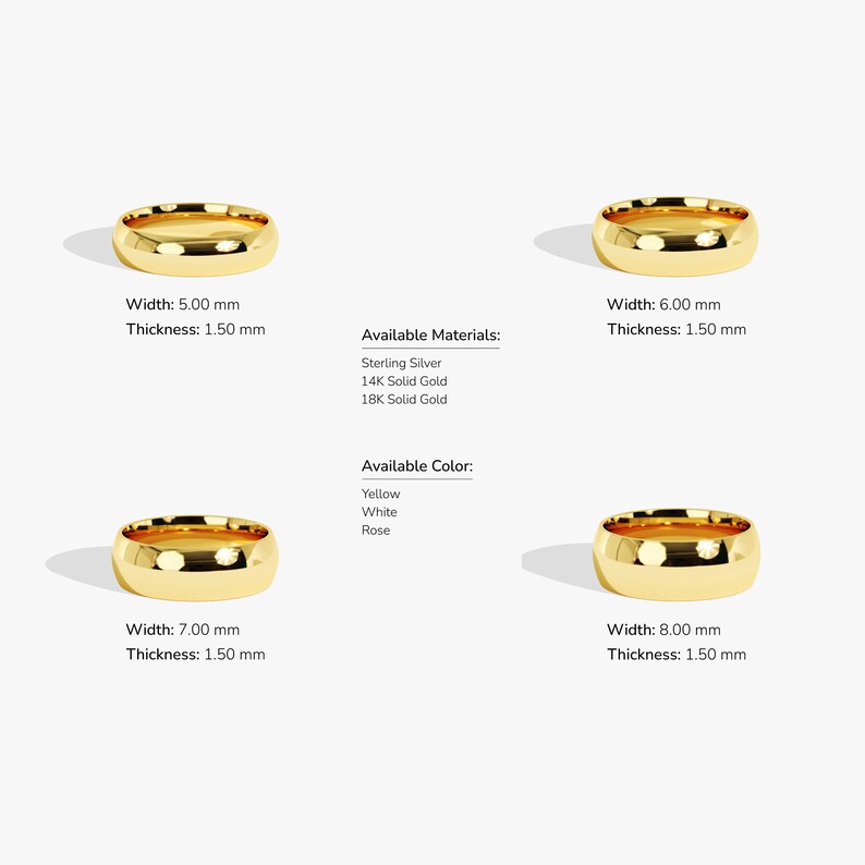 Alianza de boda de oro amarillo macizo de 10 k / 14 k / 18 k con cúpula pulida de 2 mm para hombres y mujeres / Anillo de bodas de ajuste cómodo con grabado gratuito imagen 7