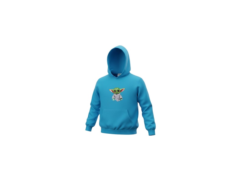 K&ouml;nnte beinhalten: Hellblauer Kapuzenpullover mit einem gestickten Grogu-Charakter. Der Pullover hat eine Vordertasche und eine Kapuze mit Kordelzug. Die &Auml;rmel und der untere Saum sind gerippt.