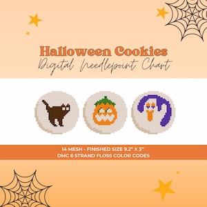Halloween Needlepoint Chart PDF | Black Cat, Pumpkin, Ghost Cookies | Digital Download Cross Stitch/Needlepoint Pattern | Beginner Friendly