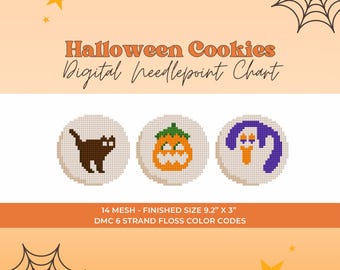 Halloween Needlepoint Pattern: Black Cat, Pumpkin, Ghost Cookies (PDF Download)