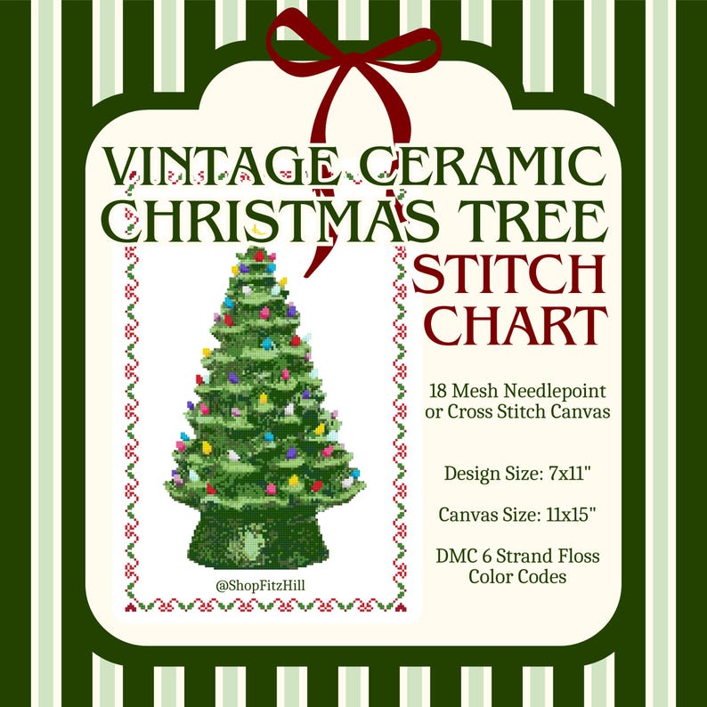 May include: A cross-stitch chart featuring a green ceramic Christmas tree decorated with colourful lights. The chart includes the text "Vintage Ceramic Christmas Tree Stitch Chart" and design dimensions of 17.78 x 27.94 cm.