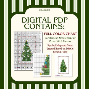 May include: Digital PDF cross-stitch pattern with a Christmas tree design. Includes a full-colour chart, symbol map, and colour legend based on DMC 6 strand floss. The pattern is designed for 18 mesh needlepoint or cross-stitch canvas.
