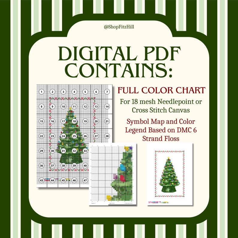 May include: Digital PDF cross-stitch pattern with a Christmas tree design. Includes a full-colour chart, symbol map, and colour legend based on DMC 6 strand floss. The pattern is designed for 18 mesh needlepoint or cross-stitch canvas.
