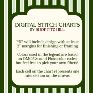 May include: A digital stitch chart by Shop Fitz Hill, with text on a cream-coloured background. The text includes information about margins, colour codes, and canvas intersections. The background has a green and white striped pattern.