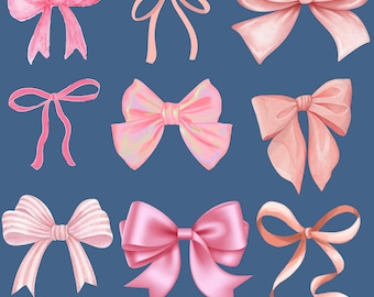 May include: A set of ten pink and peach watercolor bows. The bows are in various styles and sizes, with some having a striped pattern.