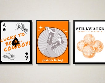 Juego de 3 impresiones de pared de Stillwater OSU, decoración para dormitorio de OK State, PNG