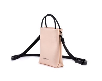 Women's soft pink vegan leather bag, Minimalist eco-leather handbag, Pastel pink purse, Compact phone case with removable shoulder strap