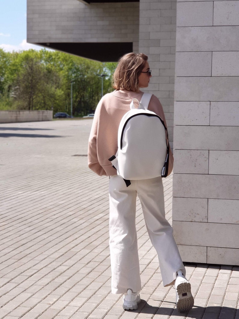 Unisex vegan leather backpack, Large eco-leather rucksack, Stylish travel backpack for women, Minimalist and sleek microfiber travel bag image 7