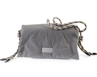 Grey pillow bag, Voluminous tote bag with flap closure and paracord shoulder strap, Women's waterproof shoulder bag with climbing rope strap